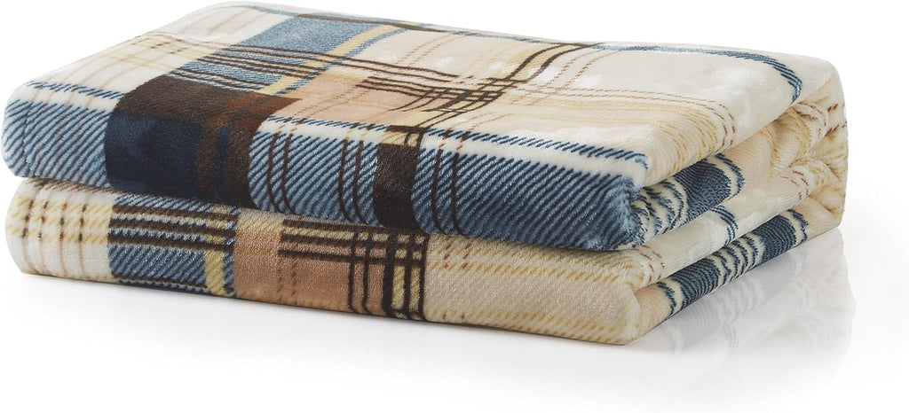 Blue Tan Farmhouse Plaid Plush Throw Blanket, 66x90 W162