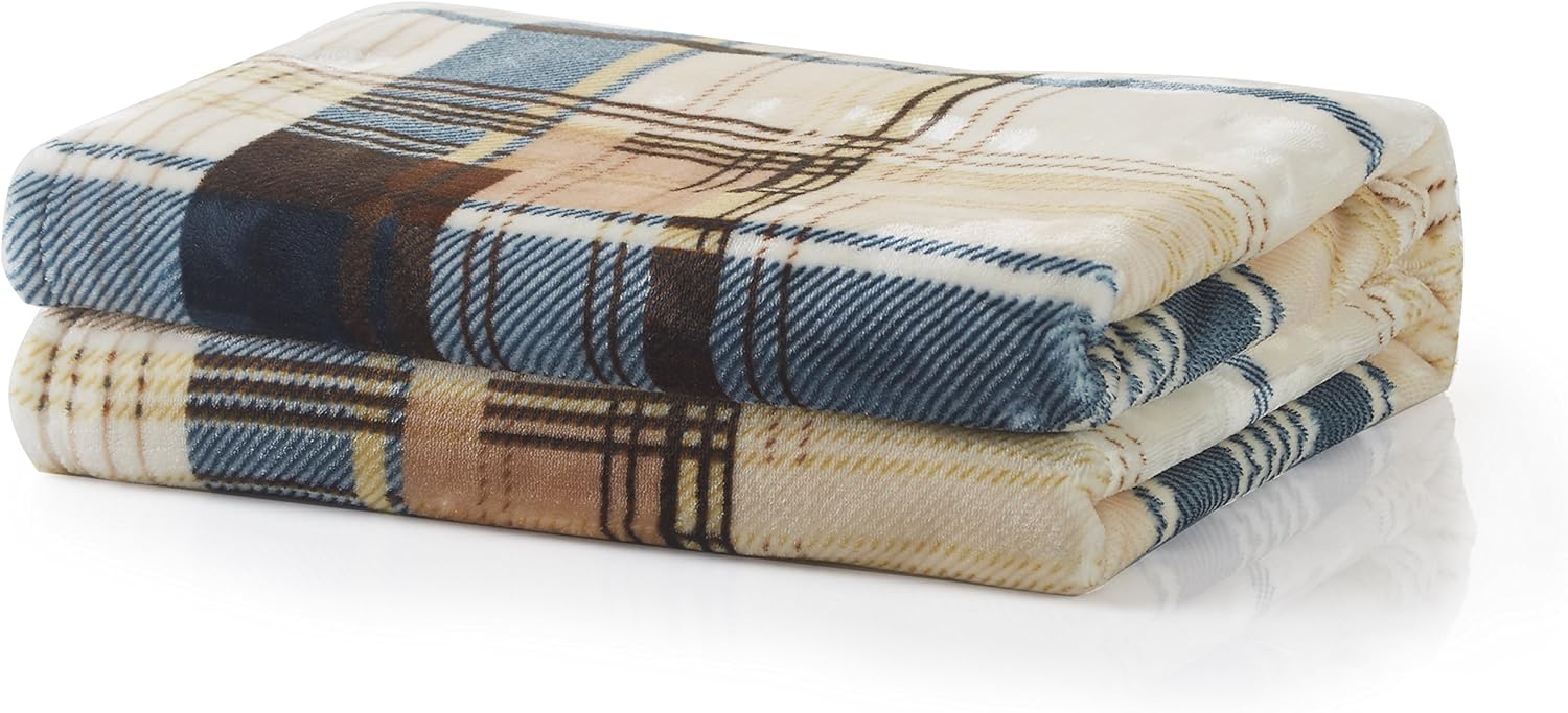 Blue Tan Farmhouse Plaid Plush Throw Blanket, 66x90 W162