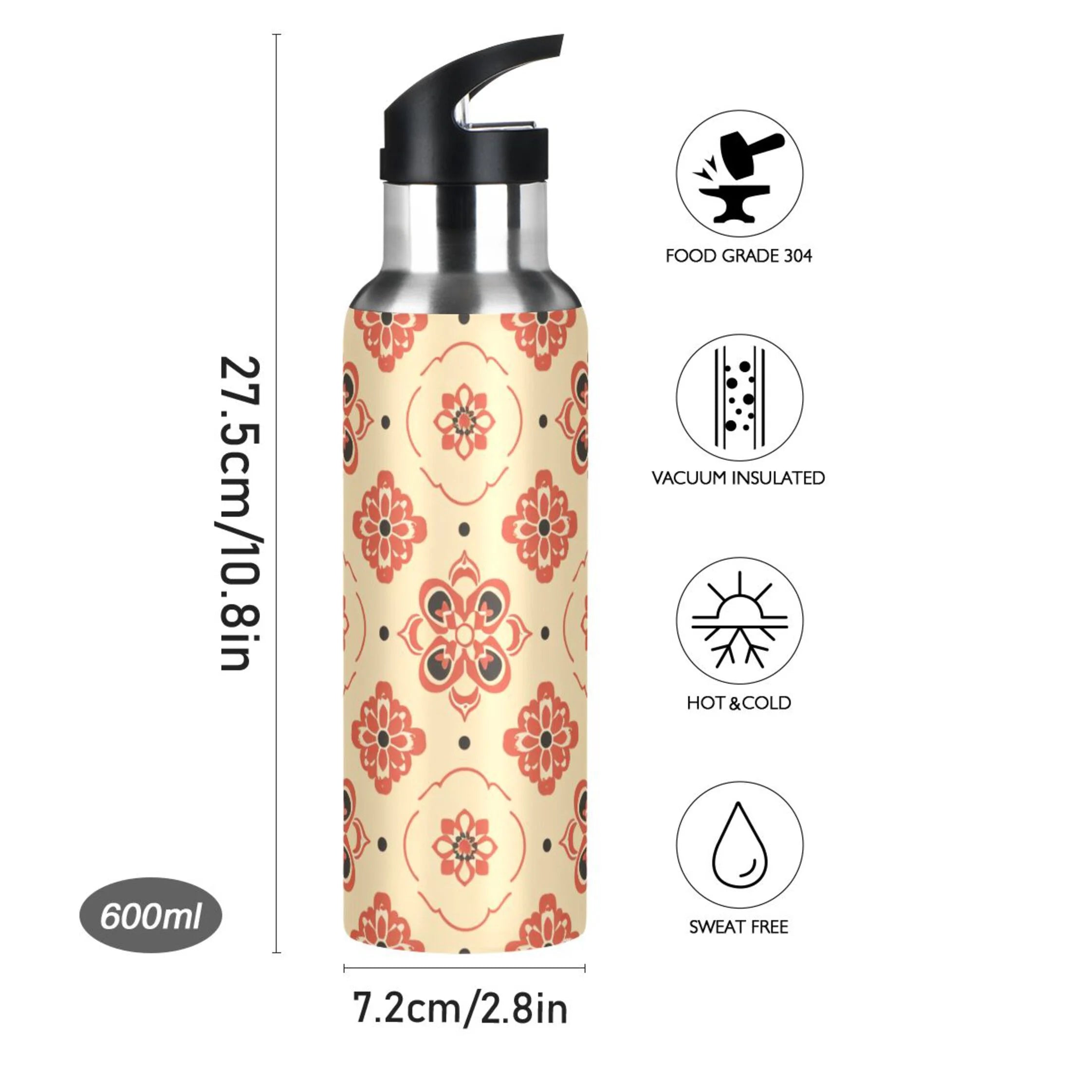 Boho Mandala Print Insulated Stainless Steel Water Bottle with Straw Lid 20 oz R435023