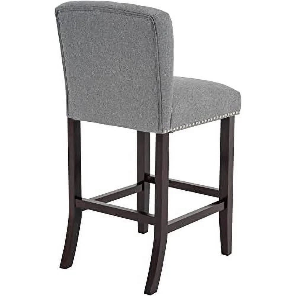 Linen Fabric Button Tufted Bar Stool with Back Solid Wood Legs G16897