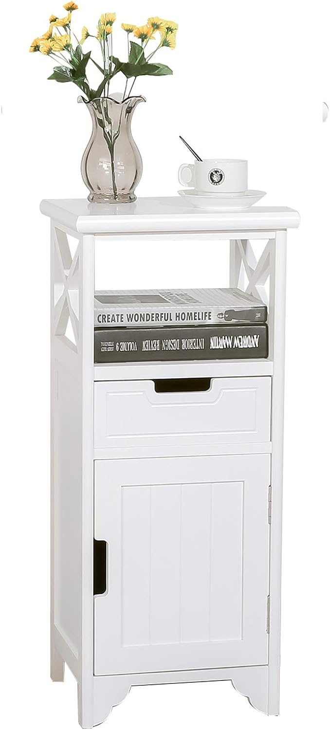 White Solid Wood End Table with Drawer and Doors A79255