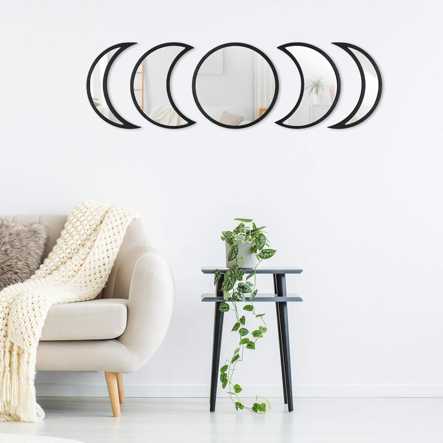 Scandinavian Moon Phase Mirror Set Glass Wood Frame Q8513