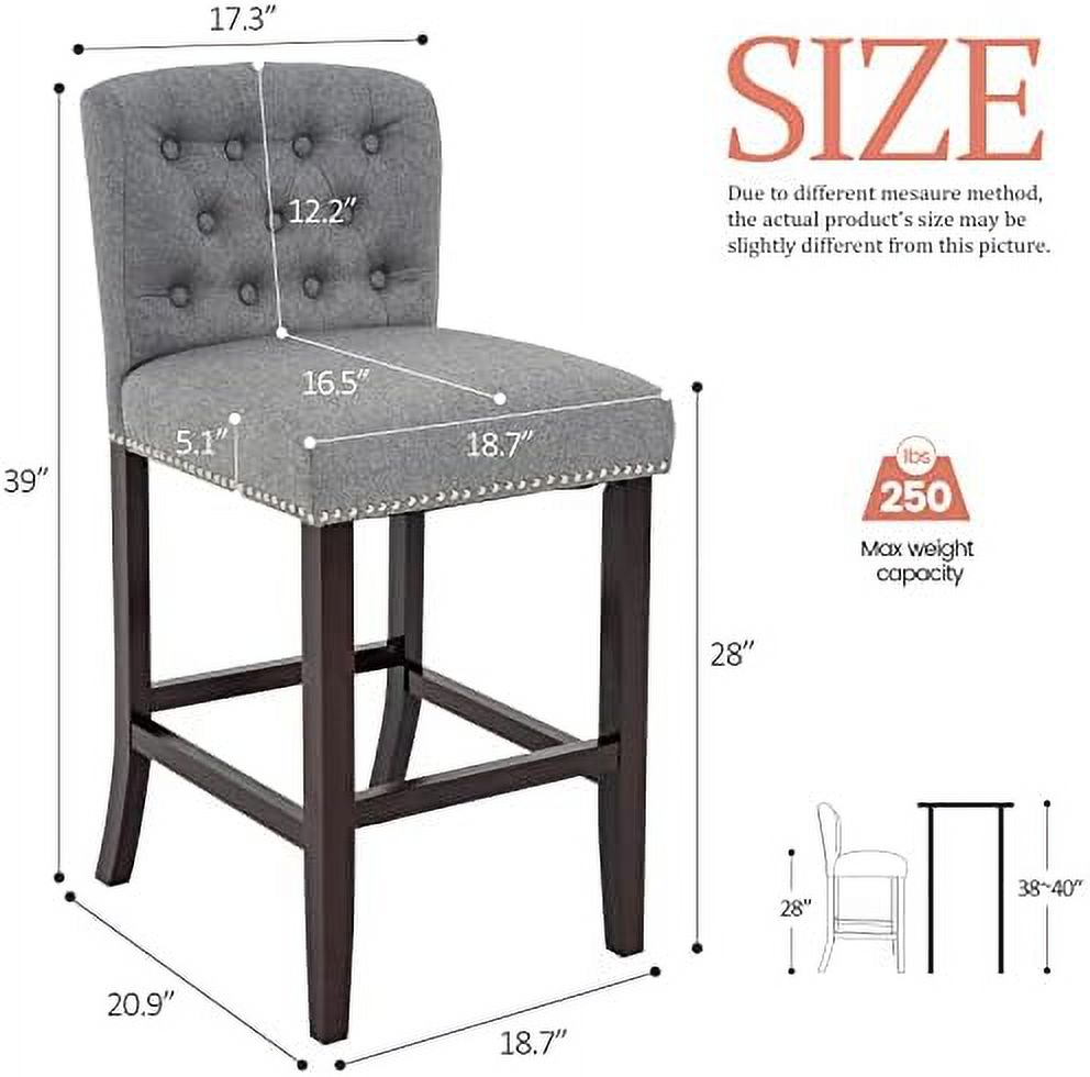 Linen Fabric Button Tufted Bar Stool with Back Solid Wood Legs G16897
