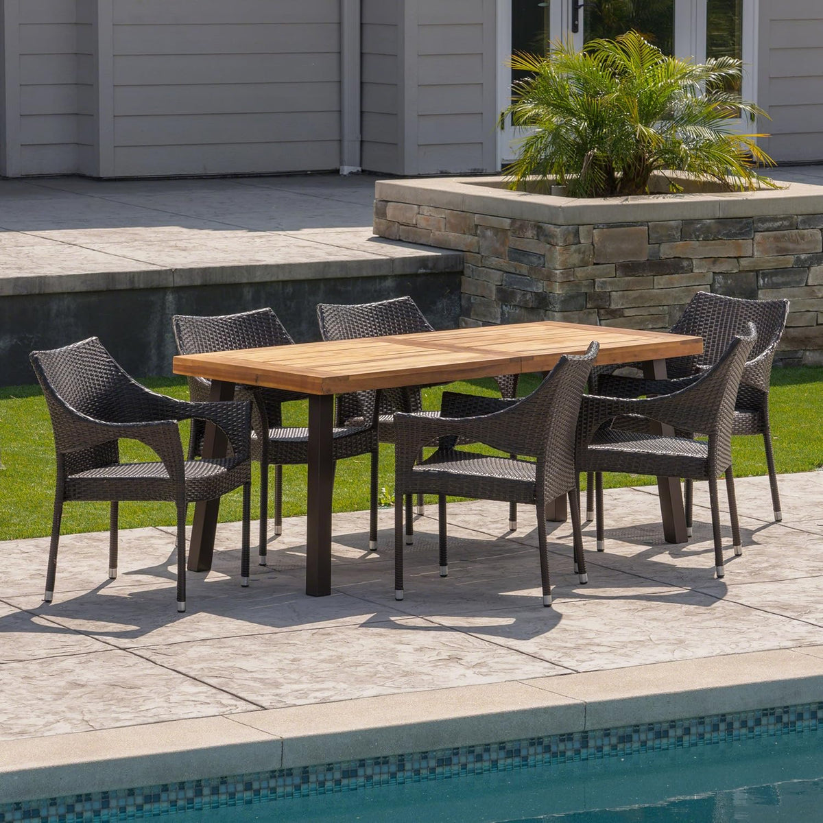 7-Piece Acacia Wood Wicker Dining Set F2196