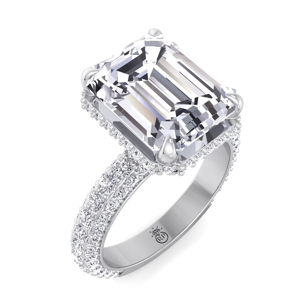 Moissanite Emerald Cut Lab Diamond Engagement Ring with Sidestones and Hidden Halo Q1489