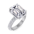 Moissanite Emerald Cut Lab Diamond Engagement Ring with Sidestones and Hidden Halo Q1489