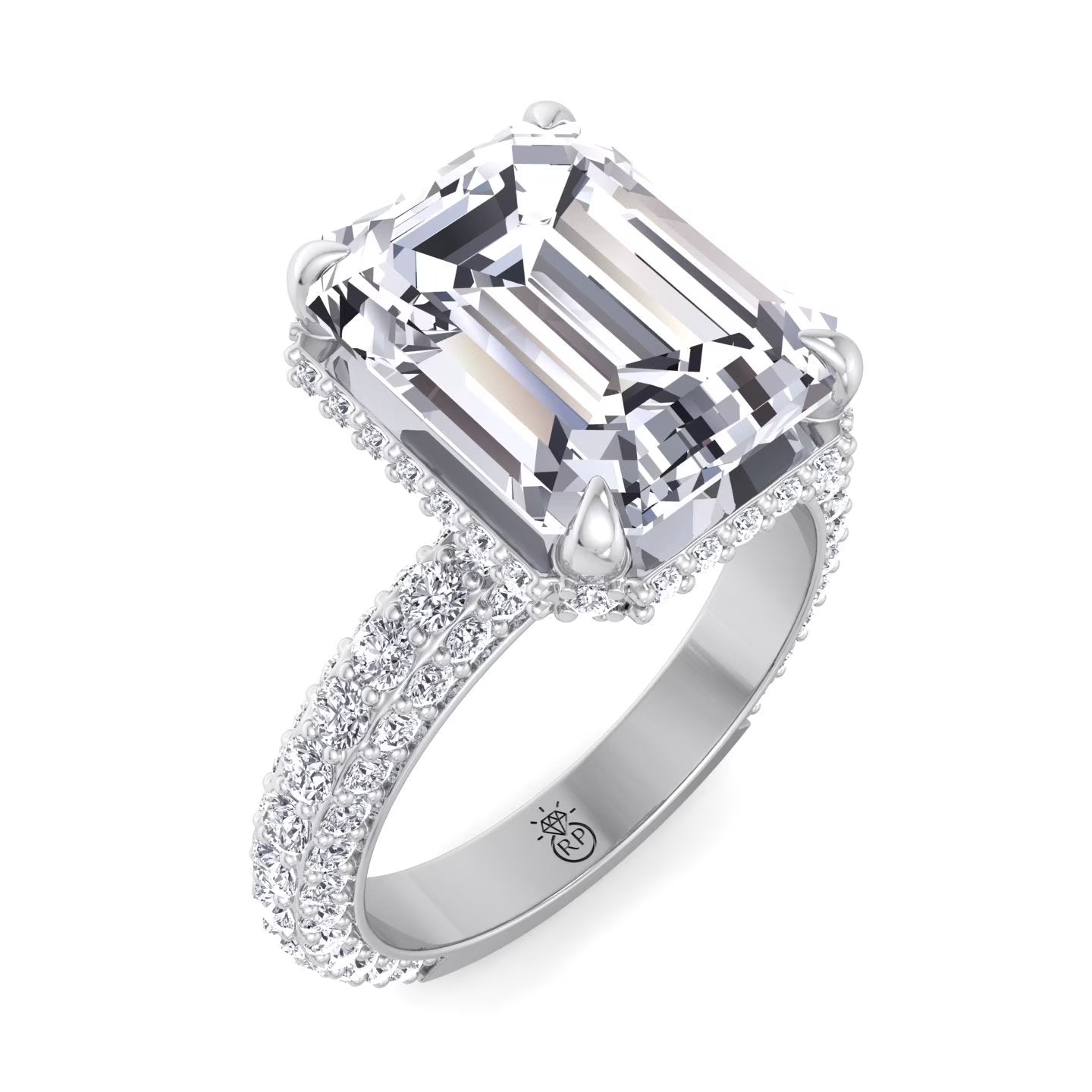 Moissanite Emerald Cut Lab Diamond Engagement Ring with Sidestones and Hidden Halo Q1489