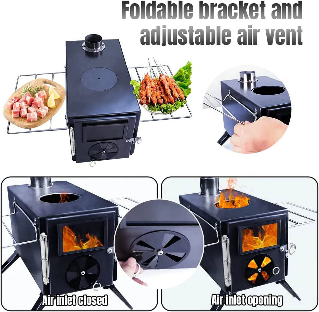 Camp Wood Stove with Chimney Pipes, Heat Resistant Glass & Gloves X570025