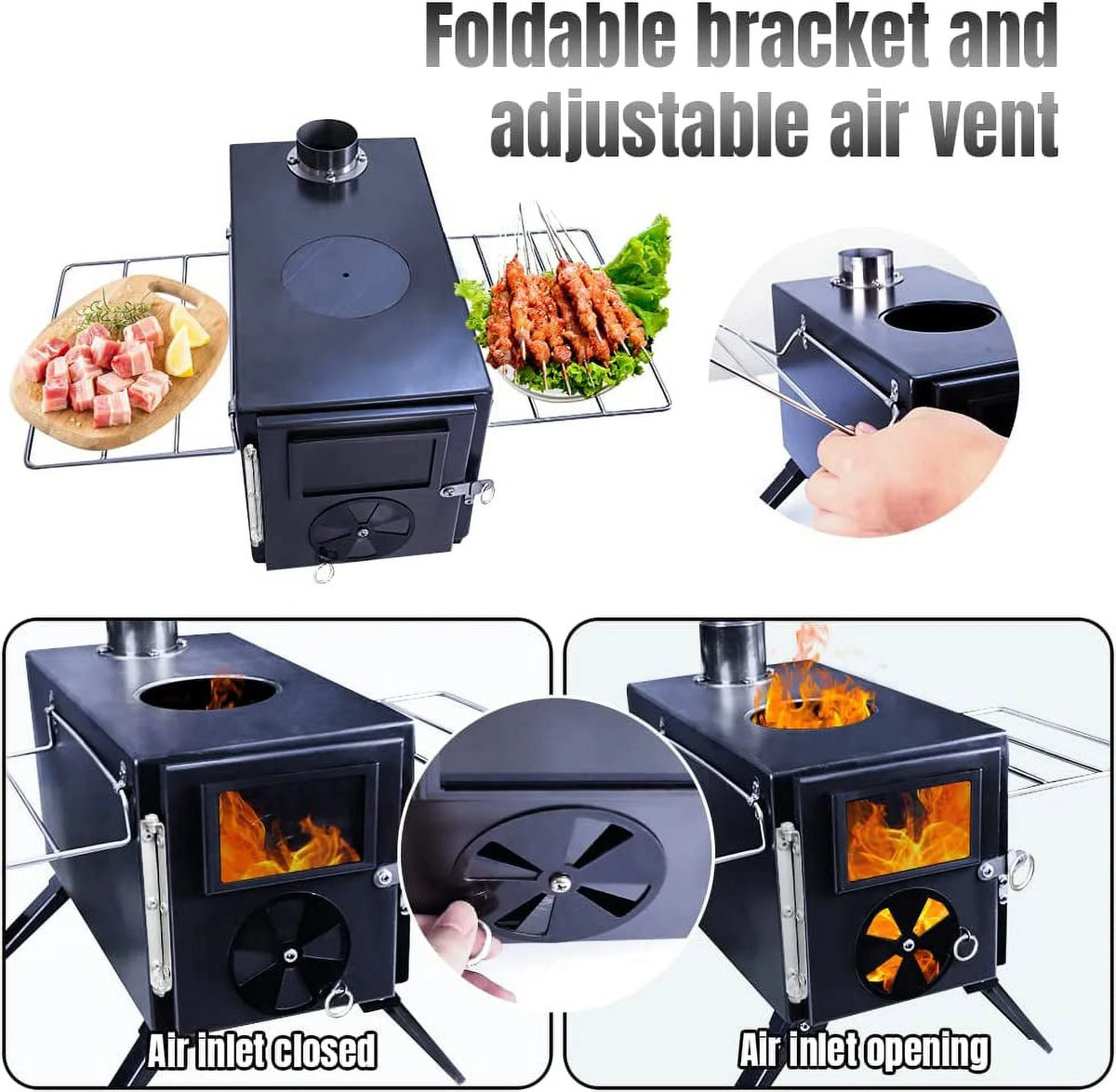 Camp Wood Stove with Chimney Pipes, Heat Resistant Glass & Gloves X570025