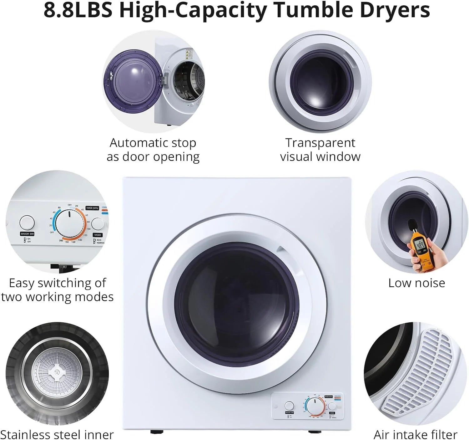 Portable Electric Clothes Dryer 2.65 cu. ft Stainless Steel Tub V335