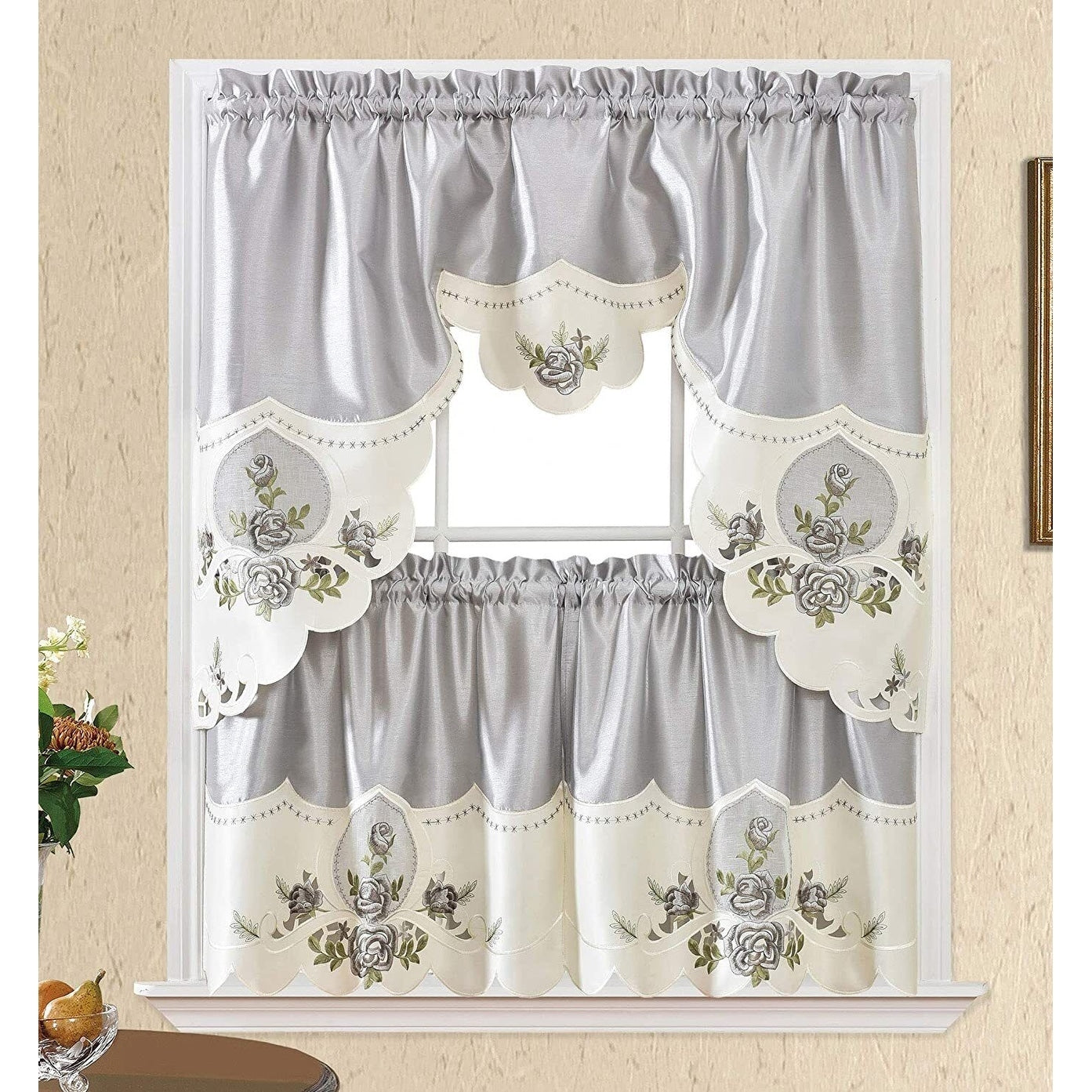 Gold Sun Flower Embroidery Kitchen Curtain 3PC Set K919