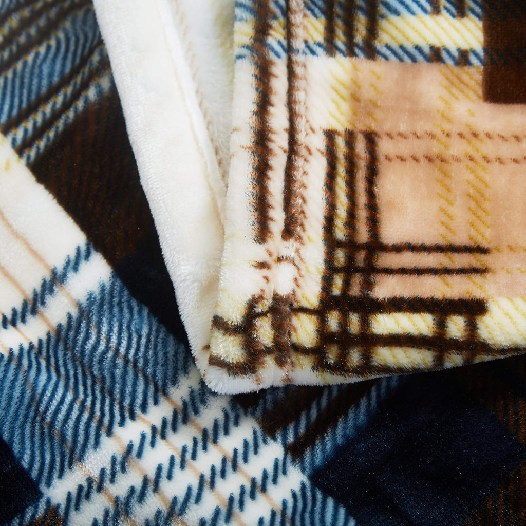 Blue Tan Farmhouse Plaid Plush Throw Blanket, 66x90 W162