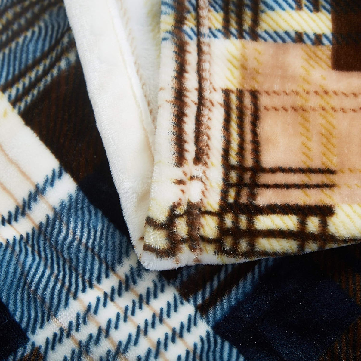Blue Tan Farmhouse Plaid Plush Throw Blanket, 66x90 W162
