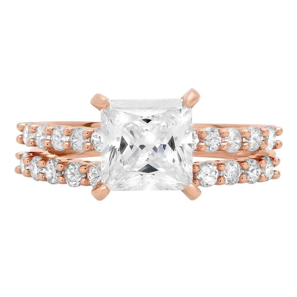 18K Rose Gold Princess Cut Diamond Engagement Ring Set size 3.5 H509847