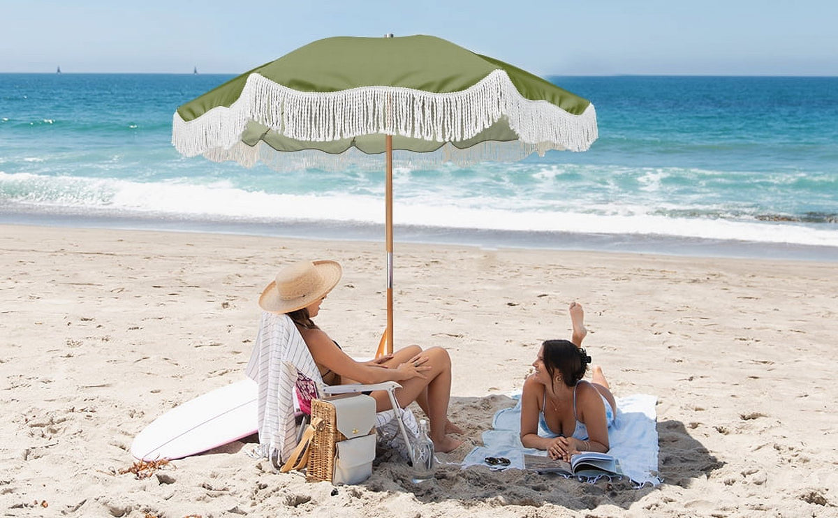 6.5ft Boho Fringe Beach Umbrella with Tassel Wood Pole UPF50+ UV Protection, Green S916