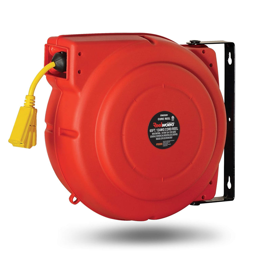 Retractable Extension Cord Reel 12AWG x 65' Heavy Duty Commercial Cable Triple Tap Connector Power 15A 125VAC 1875W K6034