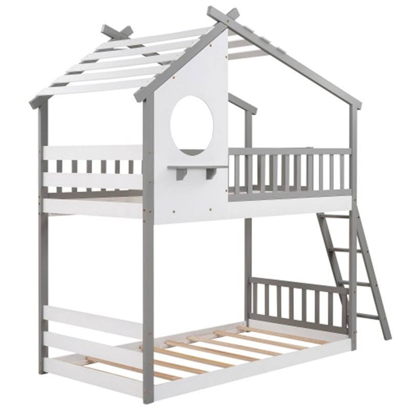 Gray Twin Over Twin Solid Wood Bunk Bed with Ladder L82019