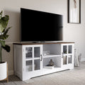 White TV Stand with Wood Glass Storage Cabinets E581011