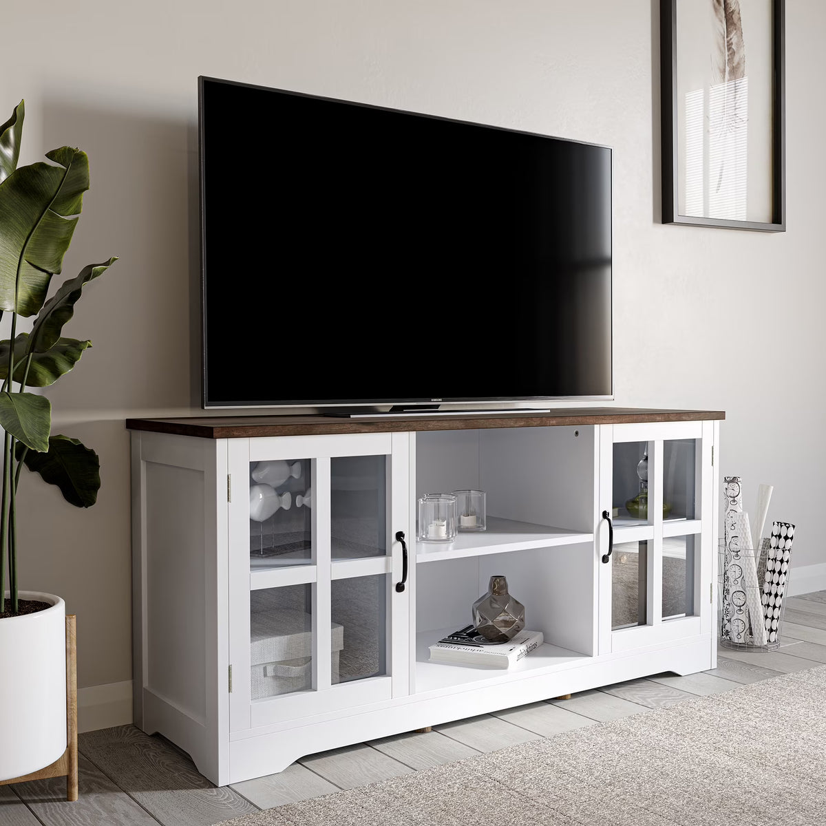 White TV Stand with Wood Glass Storage Cabinets E581011