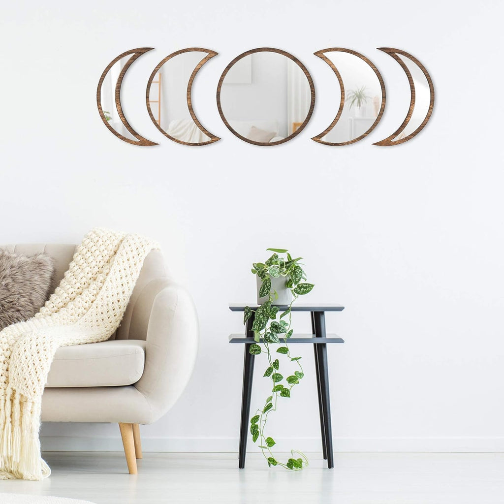 Scandinavian Moon Phase Mirror Set Glass Wood Frame Q8513