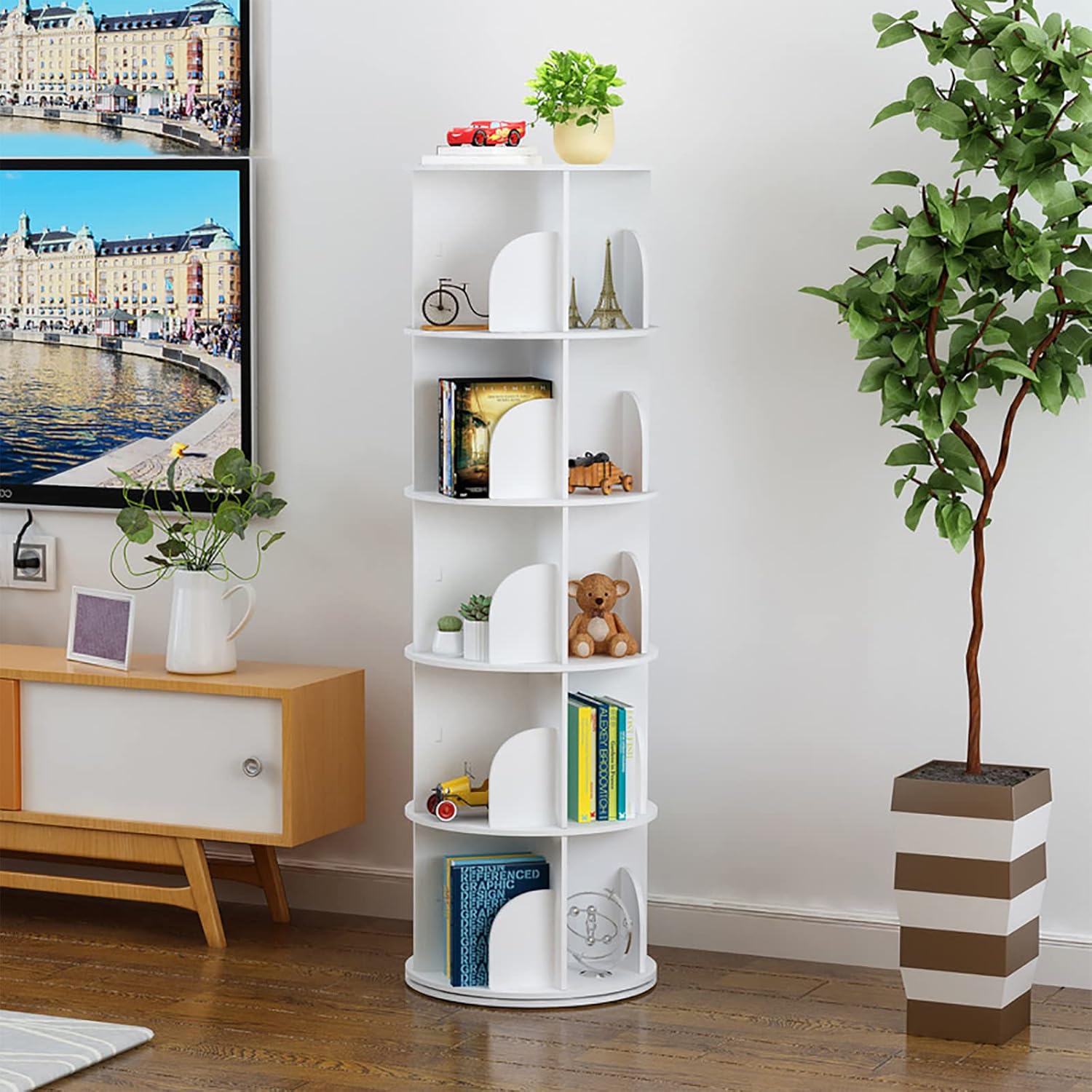 White Revolving Bookshelf 360 Degree Bookcase W108