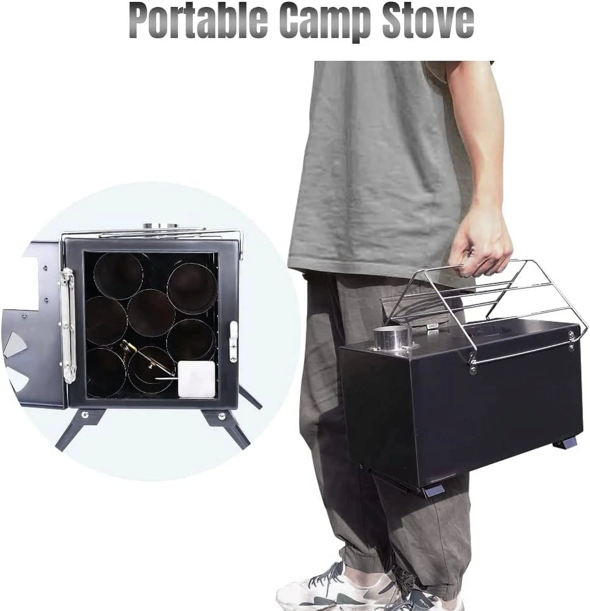 Camp Wood Stove with Chimney Pipes, Heat Resistant Glass & Gloves X570025