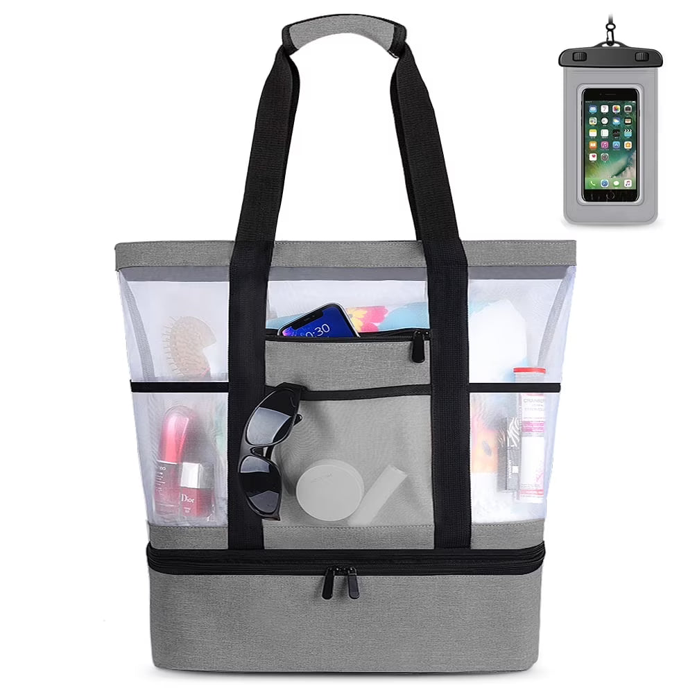 Gray Mesh Beach Tote with Zipper and Detachable Cooler D225778