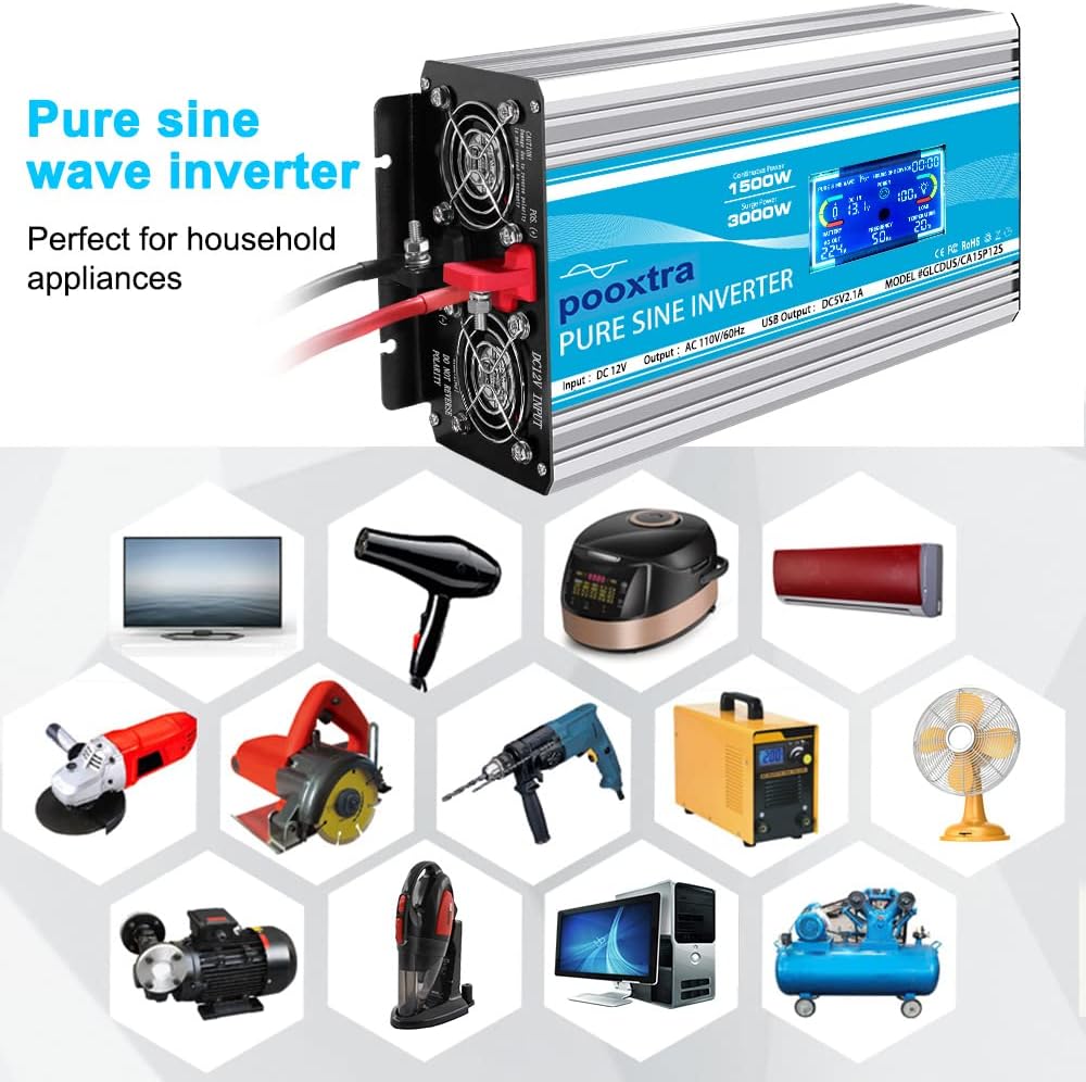 1500 Watt Pure Sine Wave Power Inverter 12V DC to 110V AC with LCD Display USB Port 4 AC Outlets N938281
