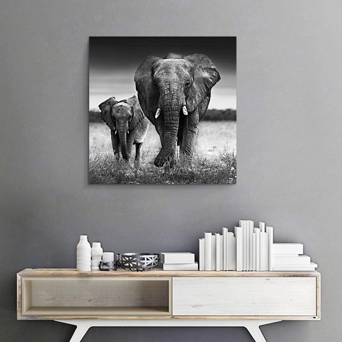 Black and White Elephant Mama and Baby Print on Canvas Wall Decor X42714