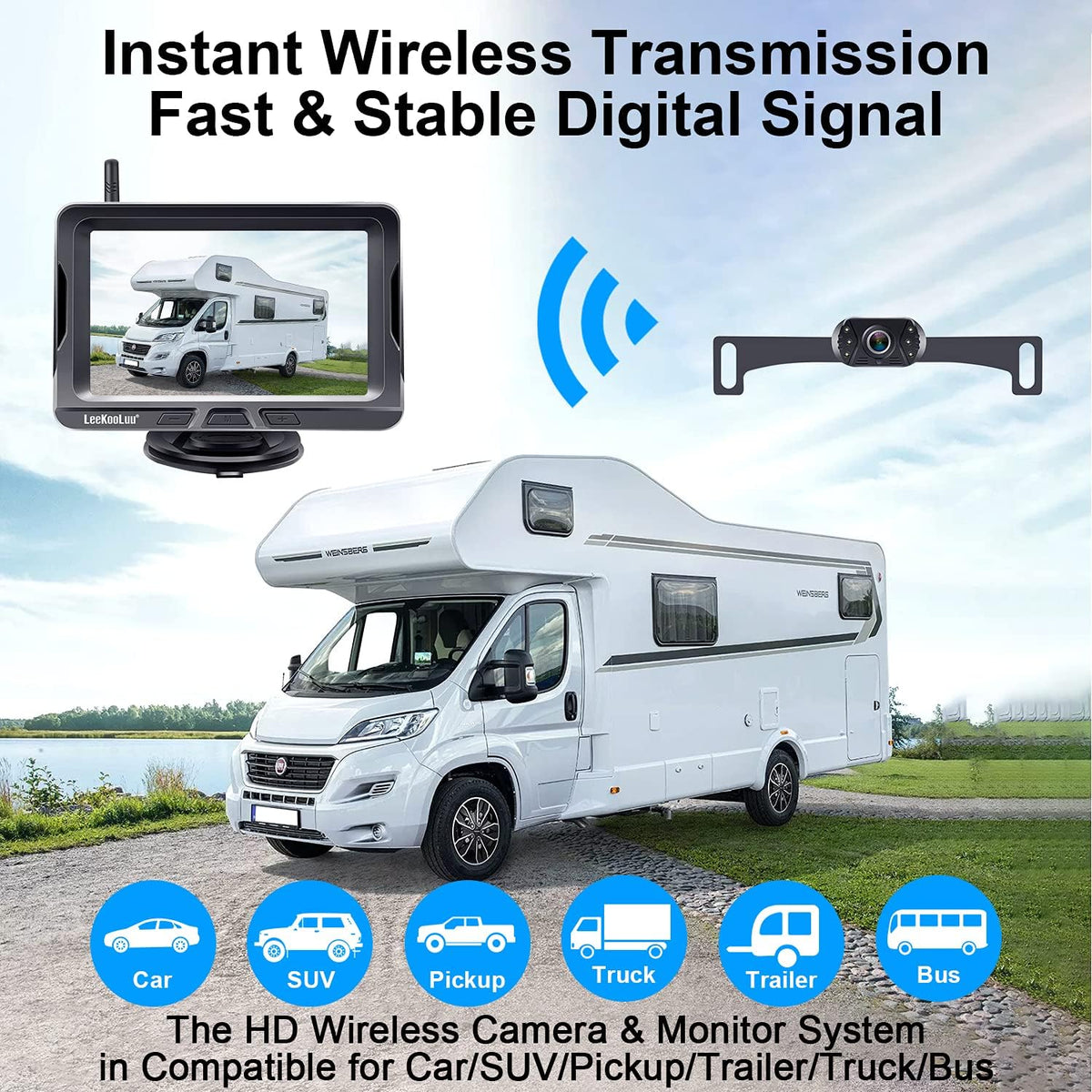 Wireless Backup Camera 5 Inch HD 1080P Bluetooth Two Channels Waterproof Night Vision V92609