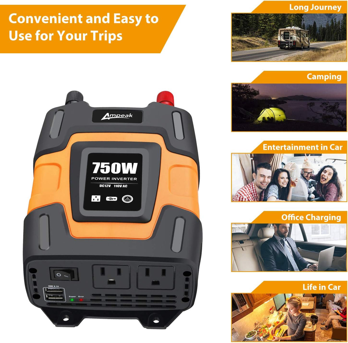 750W Power Inverter 12V DC to 110V AC Converter with Dual USB Dual AC Outlets E601
