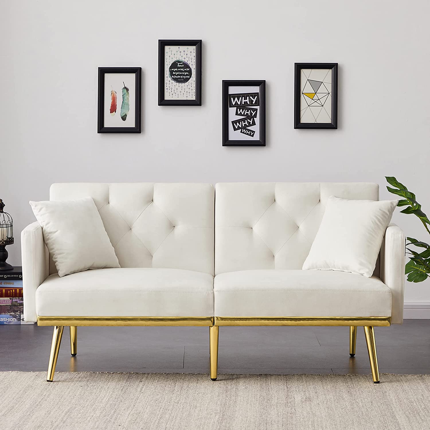 White Upholstered Folding Sofa Bed with Side Pocket Z630883