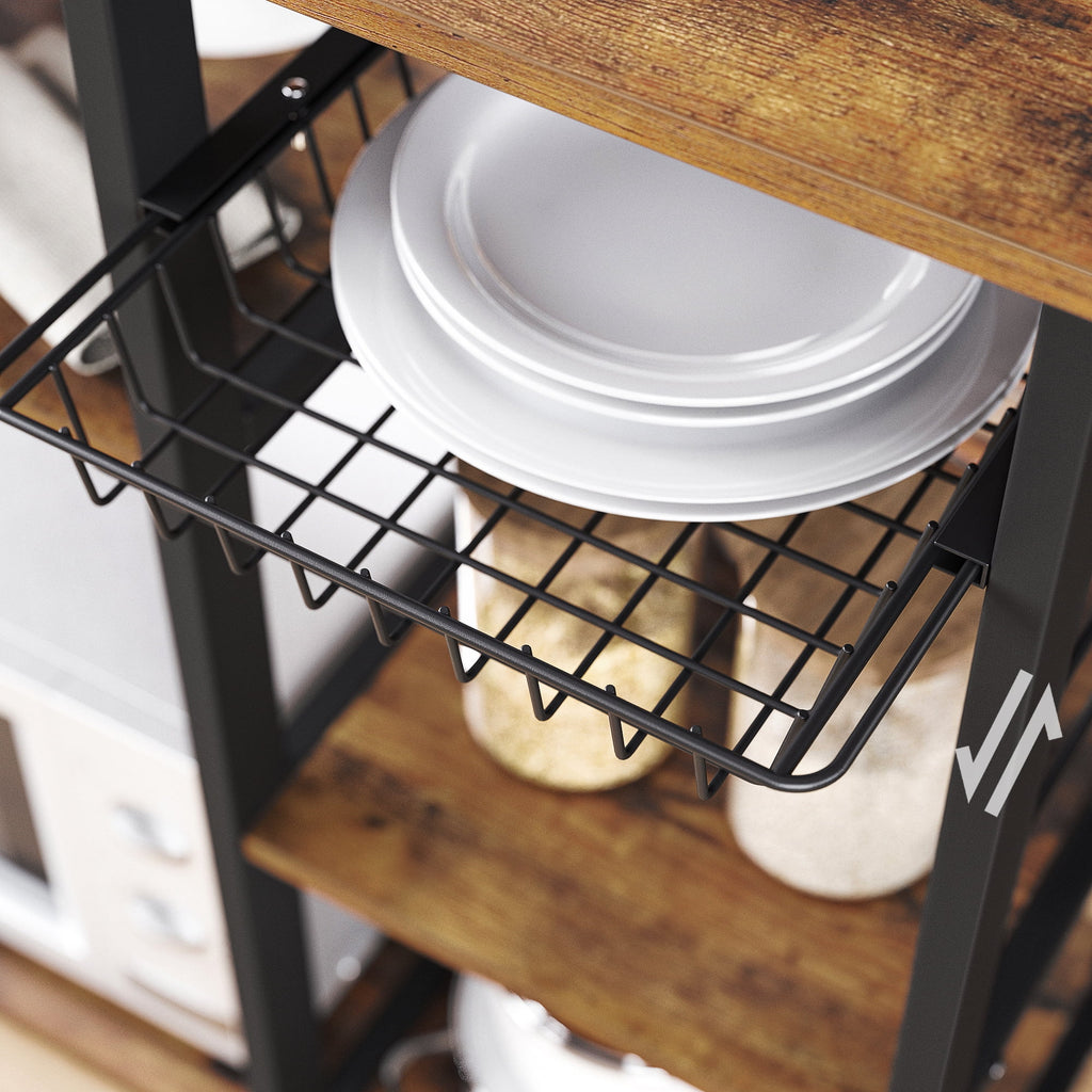Rustic Brown Kitchen Baker’s Rack with Steel Frame Wire Basket 6 Hooks U3691