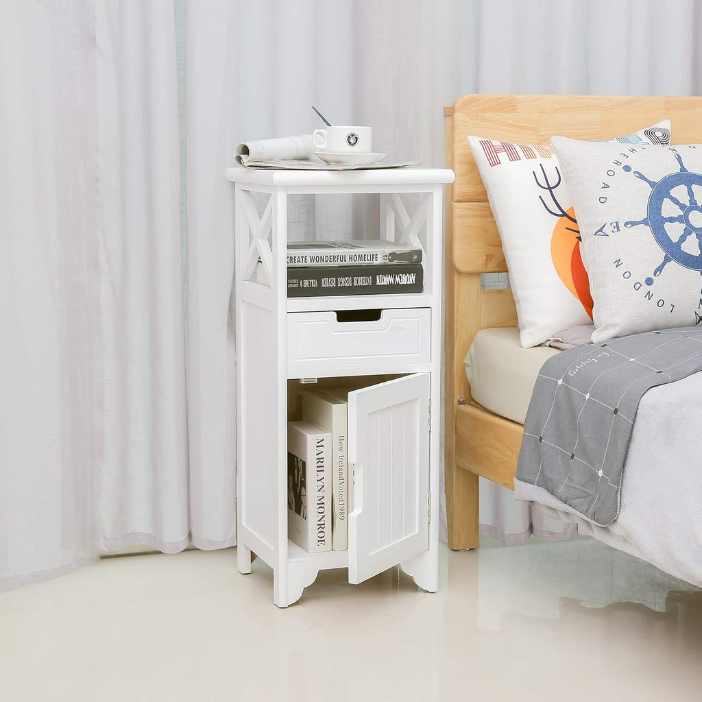 White Solid Wood End Table with Drawer and Doors A79255