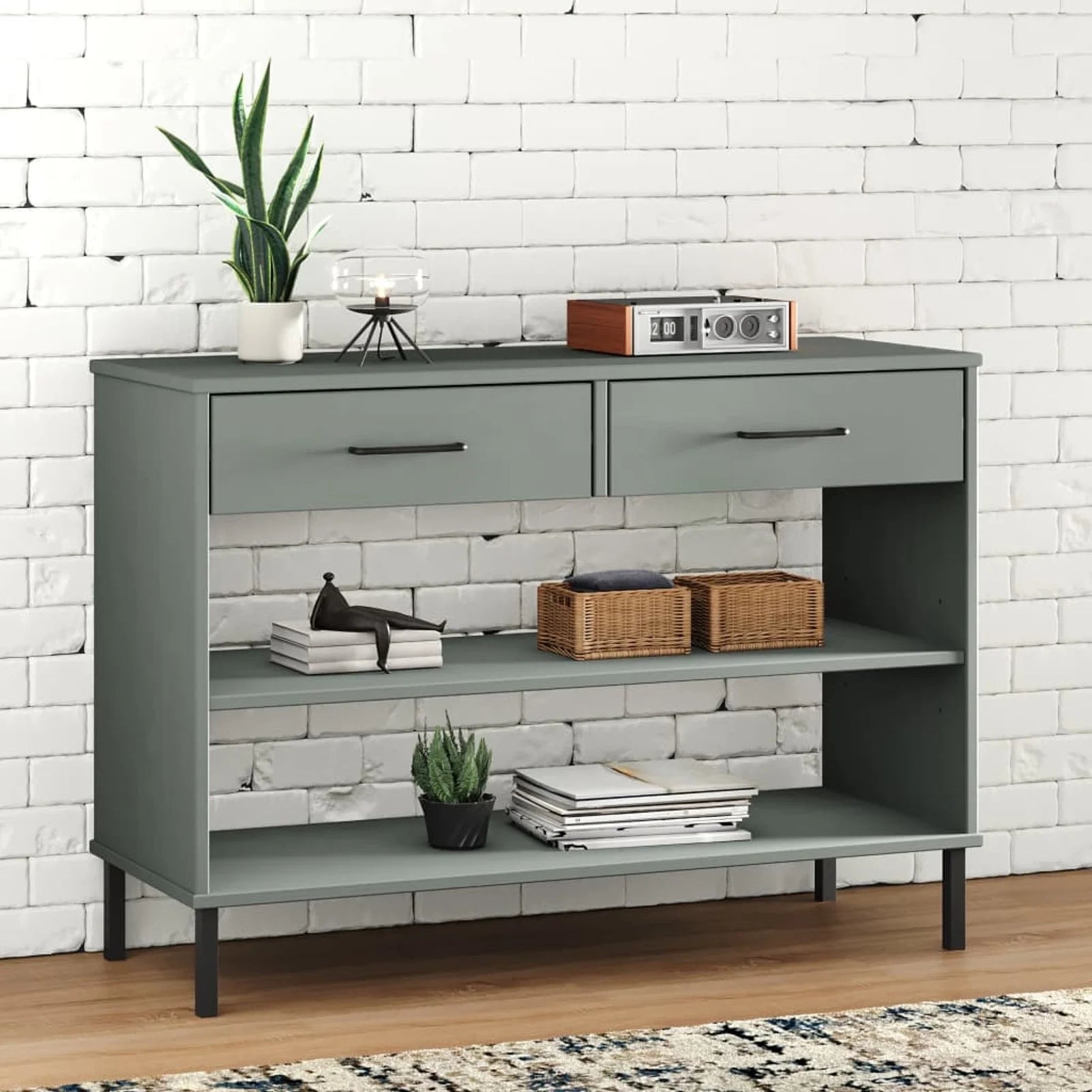 Gray Solid Wood Pine Console Cabinet with Metal Legs B6810