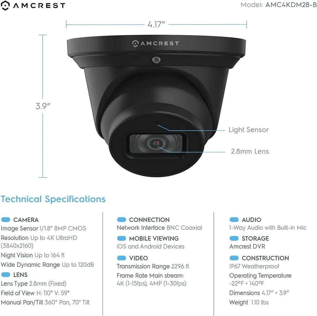 Analog 4K Outdoor Turret Security Camera, 8MP, 98ft Night Vision, Black Y4349