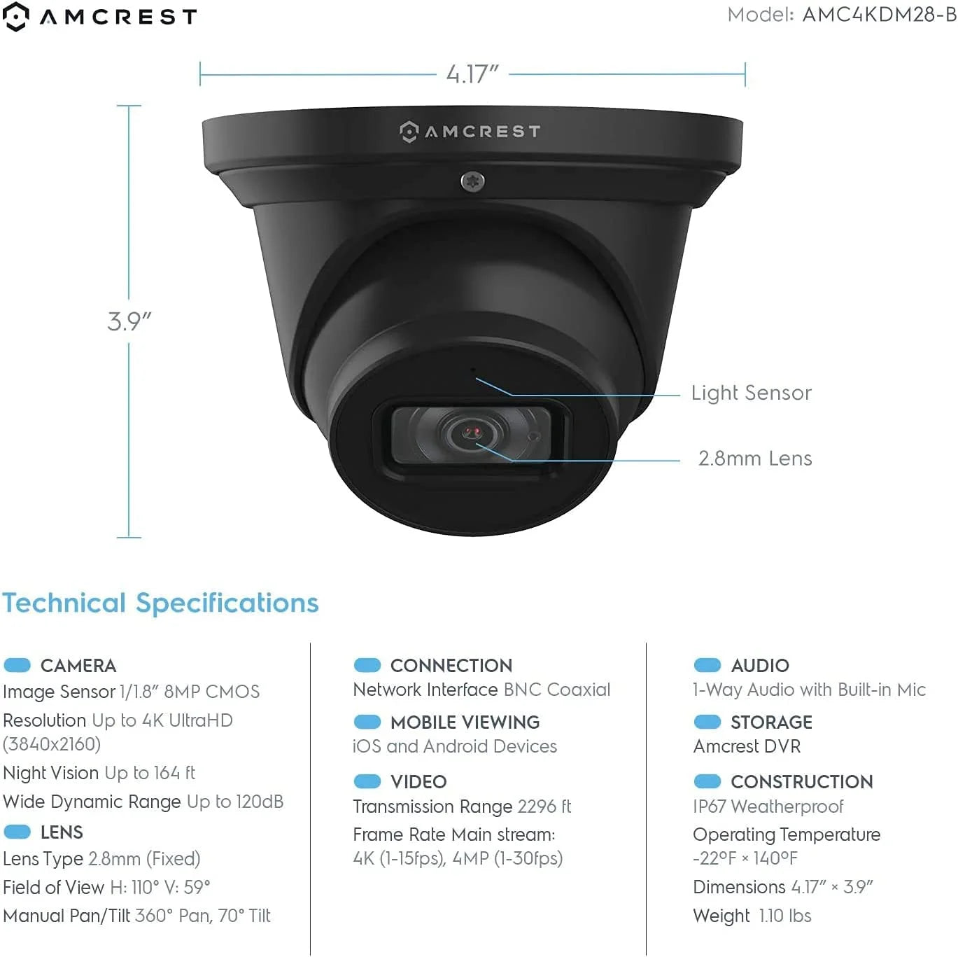 Analog 4K Outdoor Turret Security Camera, 8MP, 98ft Night Vision, Black Y4349