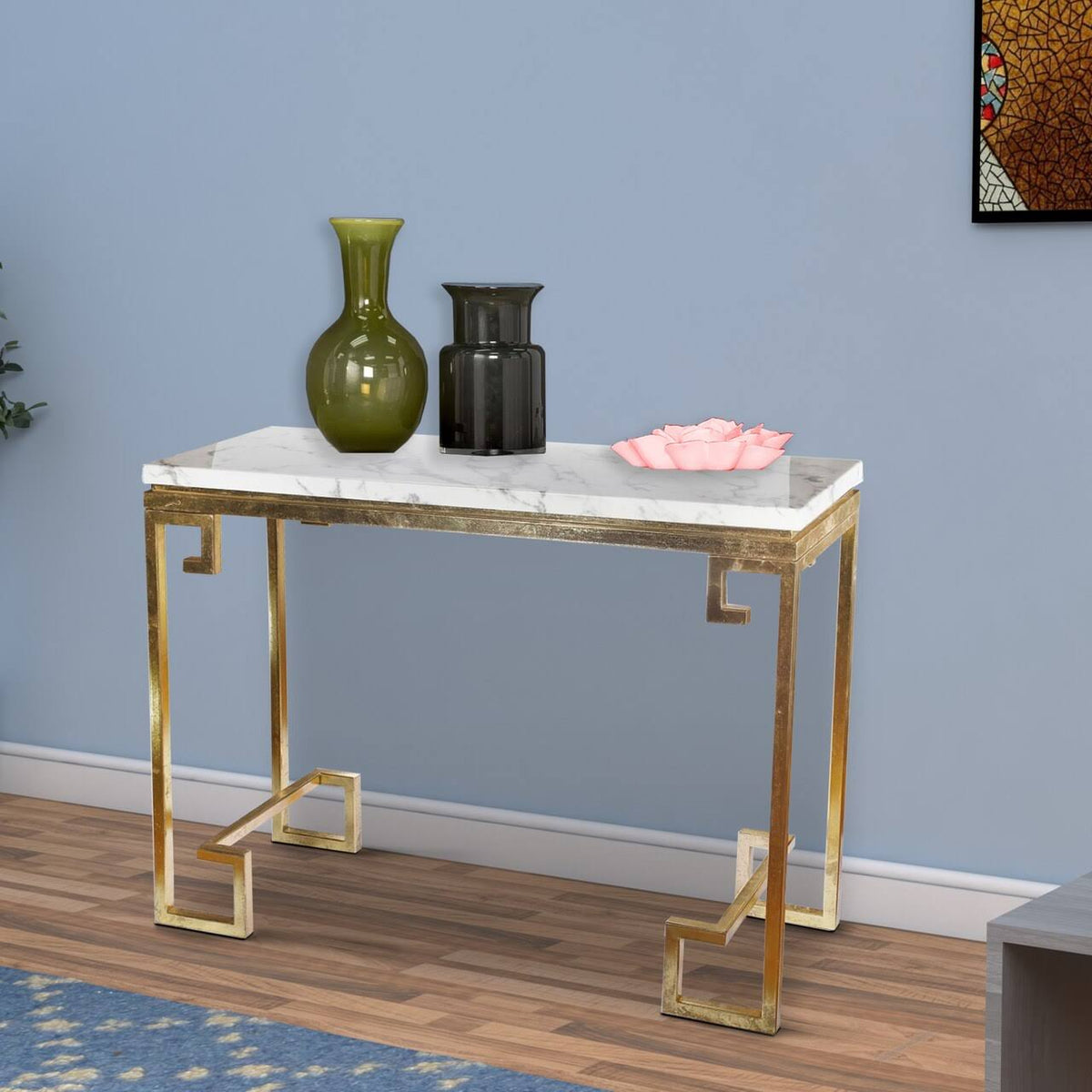 Modern Iron Console with Stone Top Gold White S315