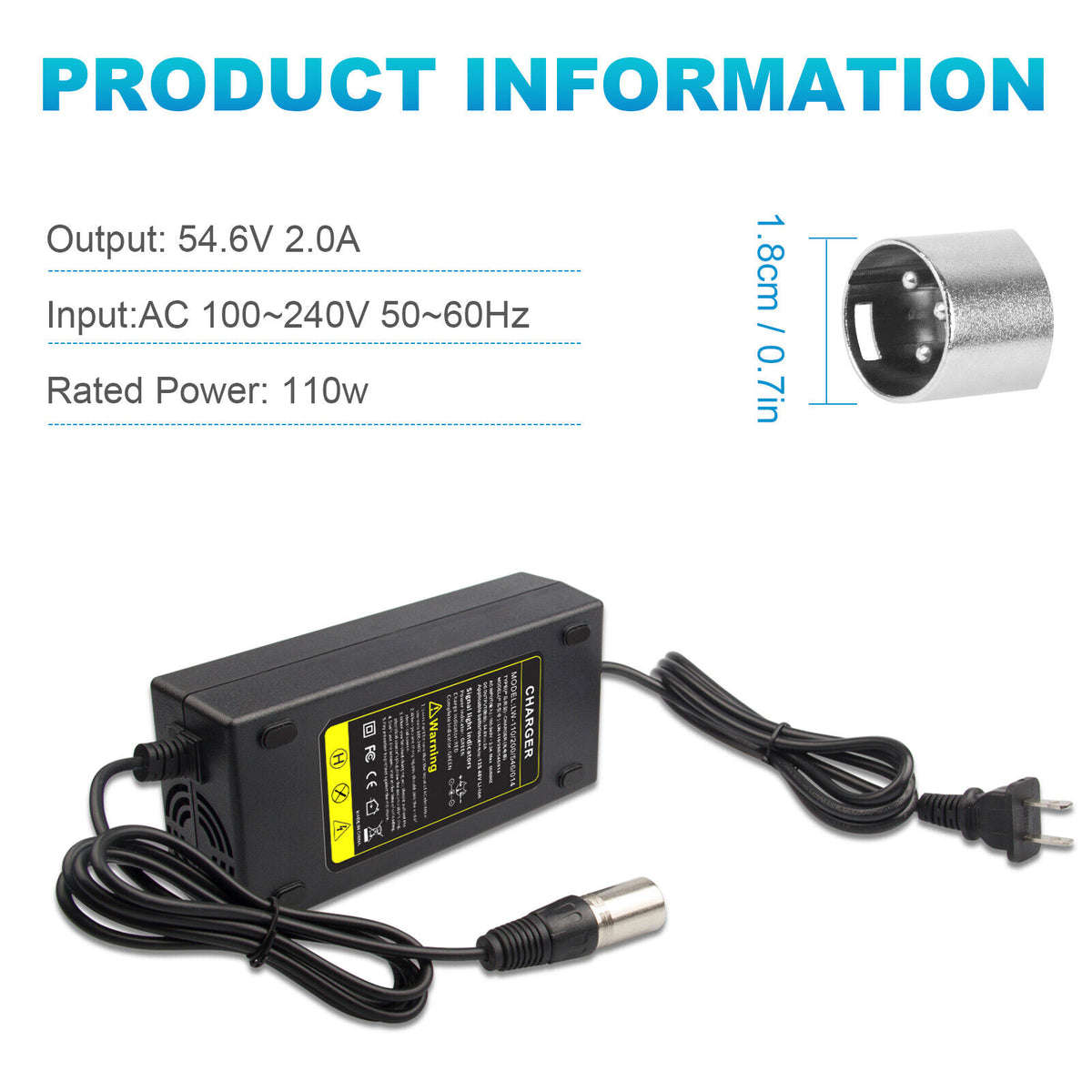 54.6V 2A Charger for 48 Volt Li-Ion Battery Pack Electric Bike B83461