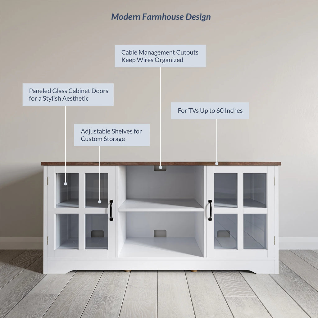 White TV Stand with Wood Glass Storage Cabinets E581011