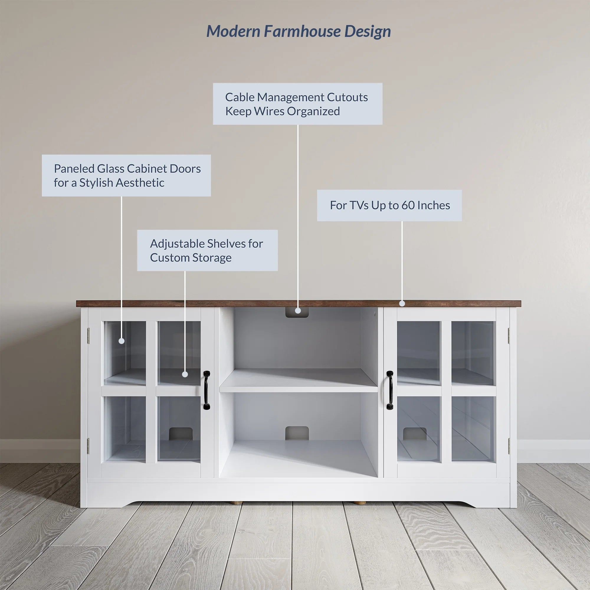 White TV Stand with Wood Glass Storage Cabinets E581011