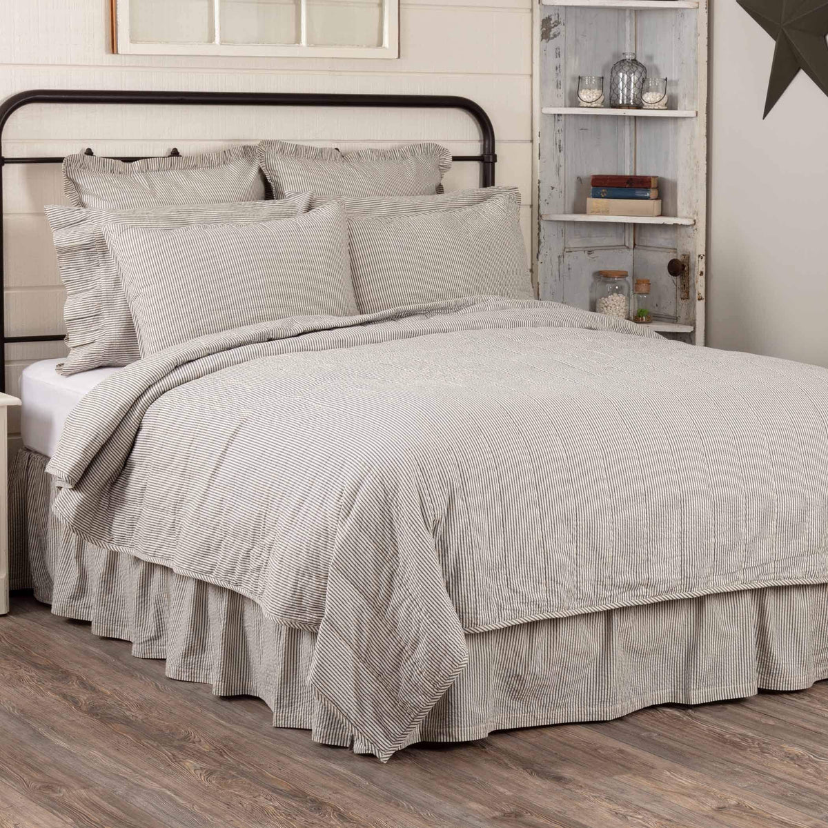 Blue Ticking Stripe King Quilt Coverlet Z242
