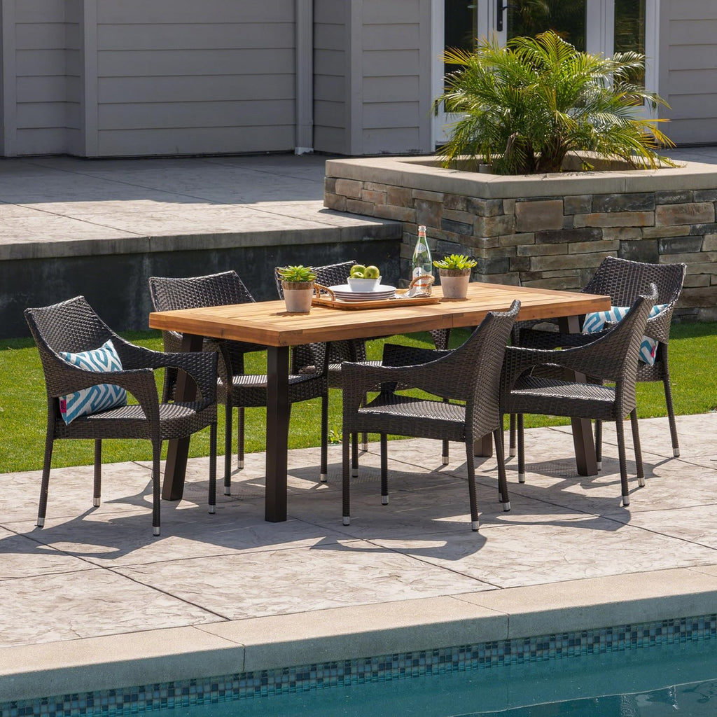 7-Piece Acacia Wood Wicker Dining Set F2196
