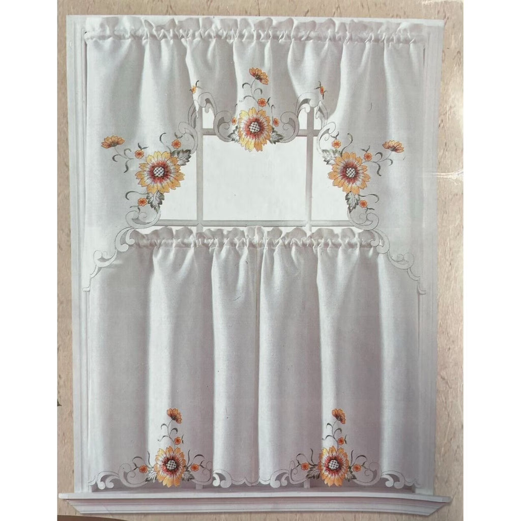 Gold Sun Flower Embroidery Kitchen Curtain 3PC Set K919