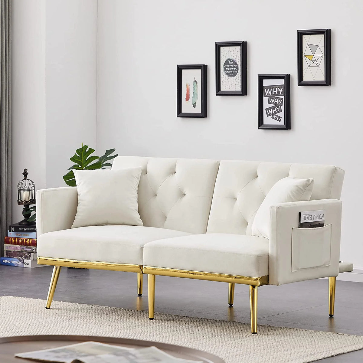 White Upholstered Folding Sofa Bed with Side Pocket Z630883