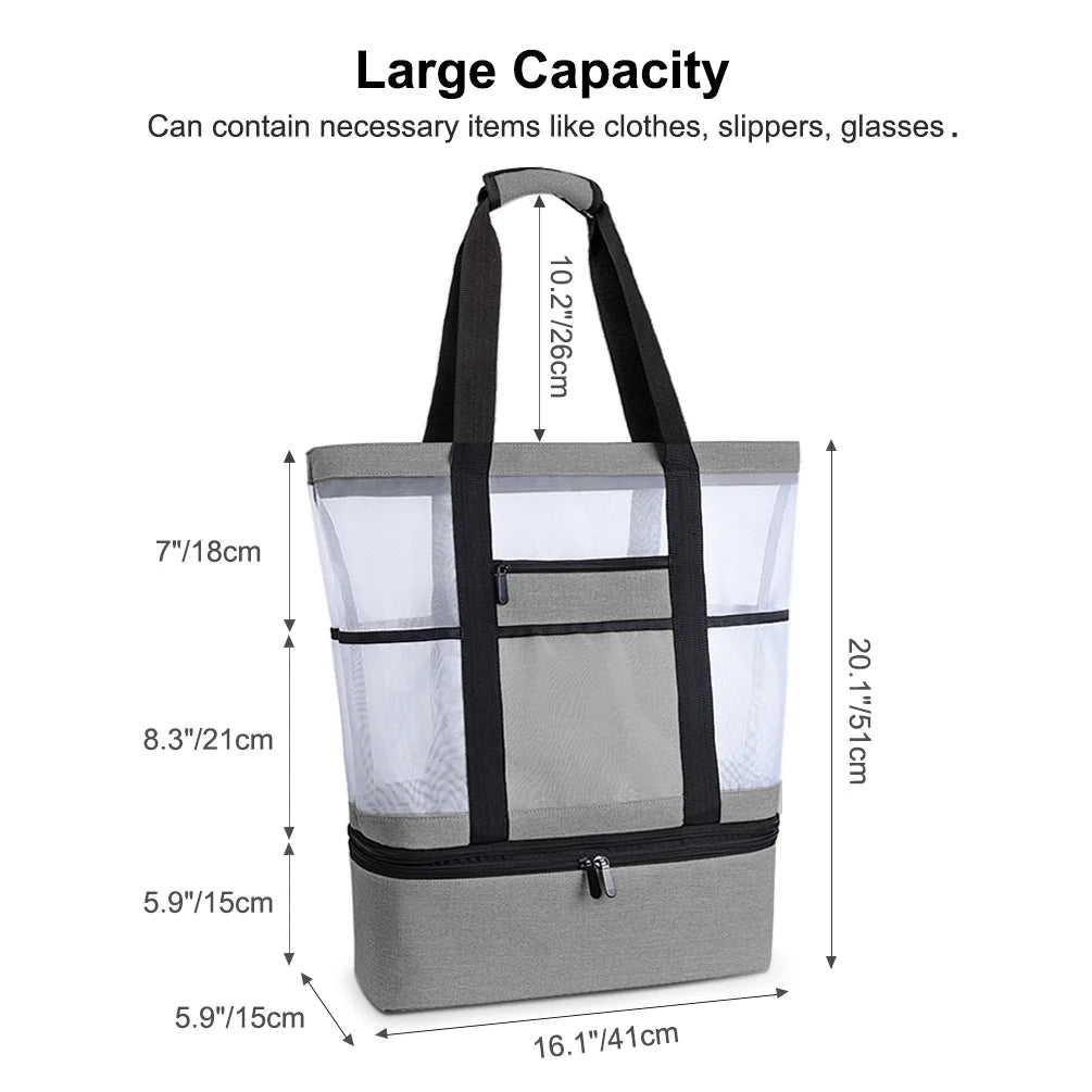 Gray Mesh Beach Tote with Zipper and Detachable Cooler D225778