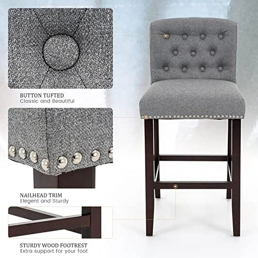 Linen Fabric Button Tufted Bar Stool with Back Solid Wood Legs G16897