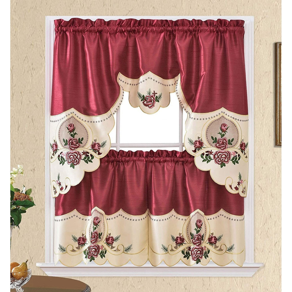 Gold Sun Flower Embroidery Kitchen Curtain 3PC Set K919