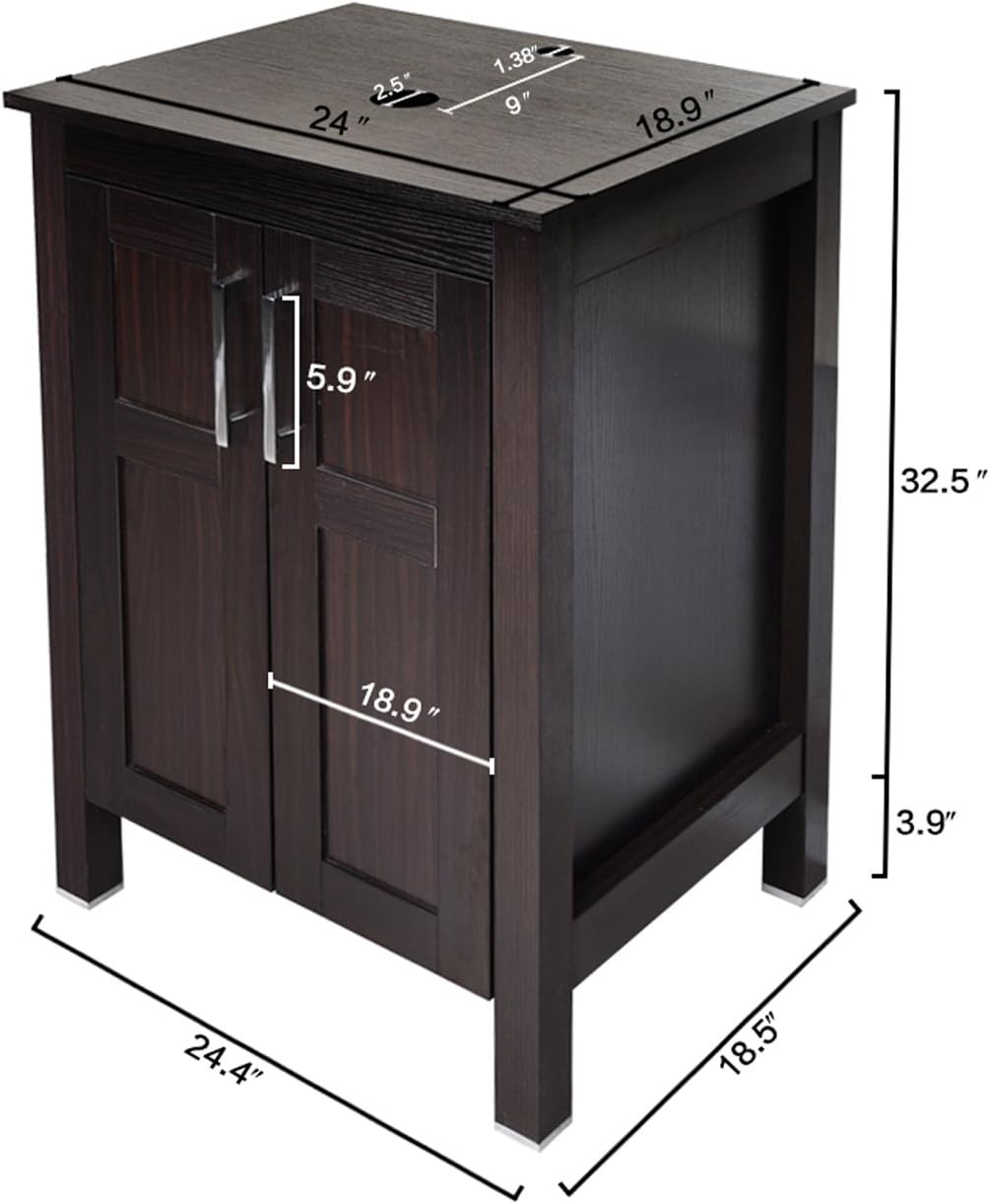 Dark Coffee 24 Inches Single Bathroom Vanity with Tempered Glass Round Sink Top and 2-Door Cabinet Y240