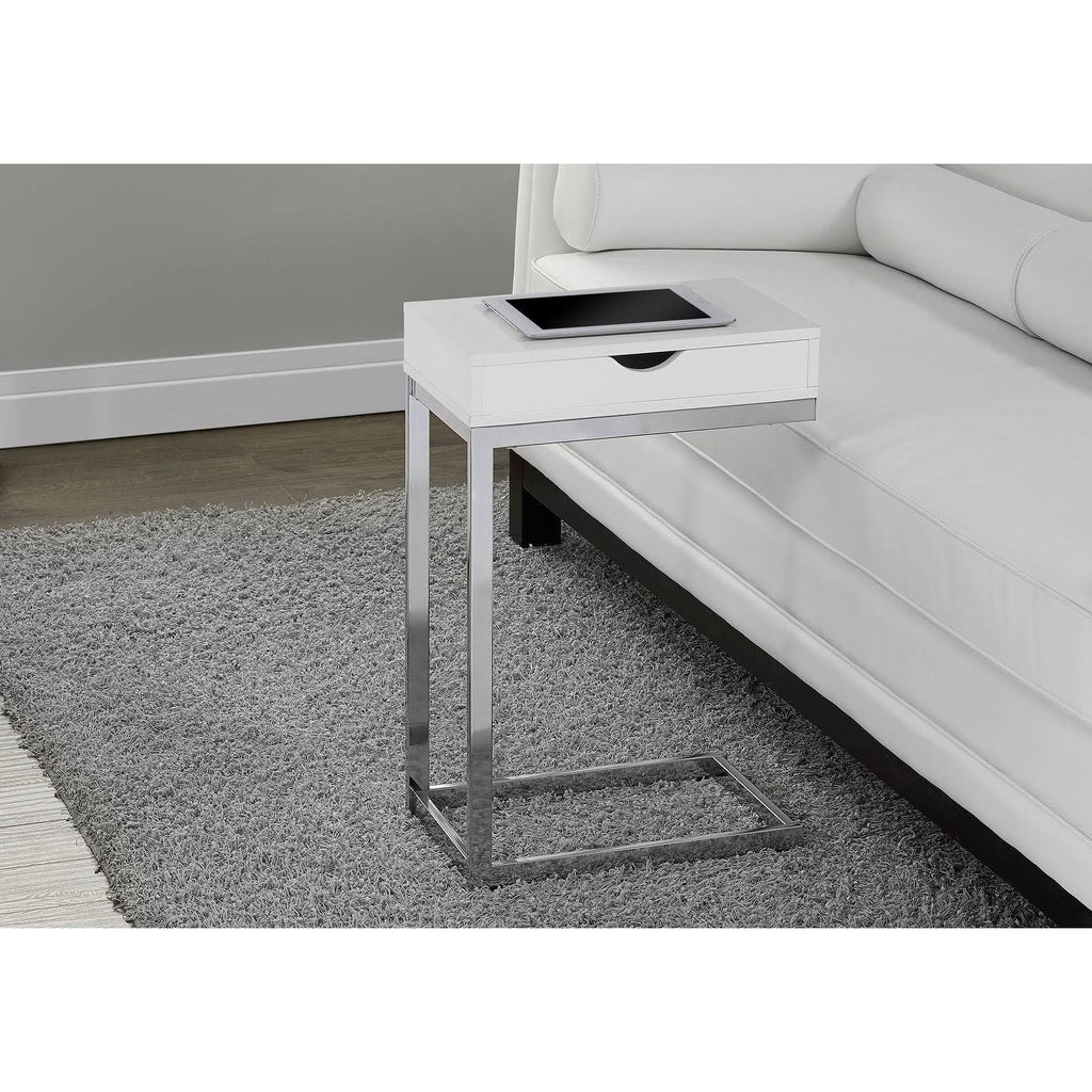 Glossy White Chrome Metal Accent Table with Drawer P52802